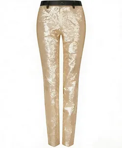 Goldene Herren Paillettenhose, schmale Passform mit schwarzem Bunddetail.