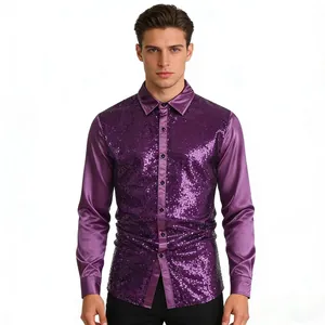 Premium mens slim fit purple sequin shirt with satin long sleeves for party performance