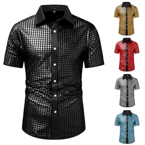 Men Shiny Metallic Grid Pattern Short Sleeve Shirt Embroidered Lapel Button Down Cosplay Costume Stage Performance Party Top