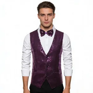 Men's purple sequin vest and bow tie set for stage performances and formal events.