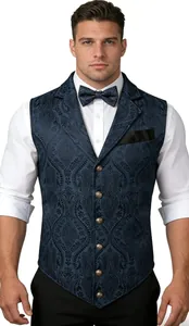 Vue détaillée d'un gilet gothique bleu foncé avec boutons dorés et nœud papillon assorti
