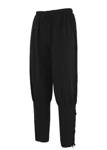 Vista detallada de pantalones medievales negros para cosplay con lazo ajustable.