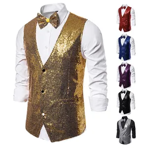 Men's glittering sequin stage performance vest with matching bowtie available in multiple colors