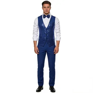 Full view of blue sequined performance vest with matching bow tie for men on white background