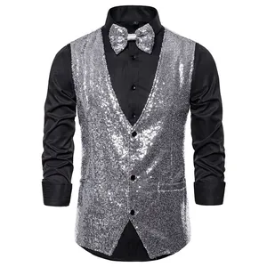 Premium silver sequined stage performance vest for men with matching bowtie set