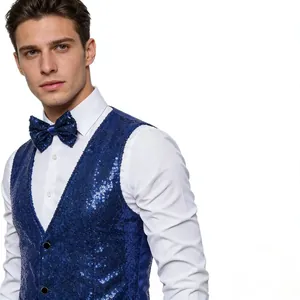 Detail view of a premium men's blue sequined performance vest and matching bow tie.