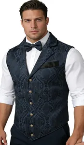 Gilet cachemire bleu marine pour hommes avec boutons vintage et nœud papillon