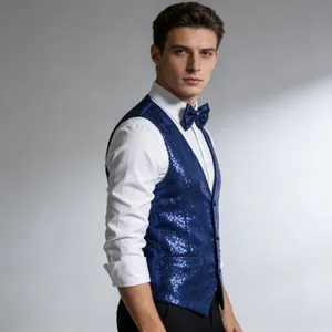 Detailed side view of a shimmering royal blue sequin vest with a matching bow tie.