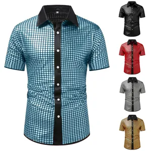 Men's short sleeve shirt featuring shiny metallic grid pattern for party and cosplay