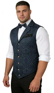 Gilet vintage bleu marine à motif cachemire pour homme avec nœud papillon assorti