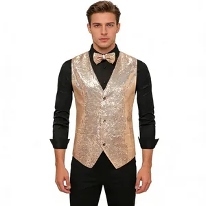 Detail showing men's champagne gold sequined vest and matching bowtie for performance