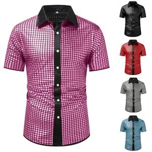 Men's shiny checkered short sleeve button-down shirt in various metallic colors