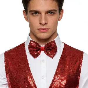 Close-up detail of a men's red sequined vest and matching bow tie for stage performances