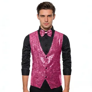 Detailed view of men's pink sequin vest and matching bow tie for stage performance