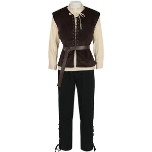 Conjunto completo de disfraz medieval de campesino con camisa, chaleco, cinturón y pantalón.