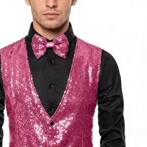 Detailed view of men's pink sequin performance waistcoat with a matching bow tie