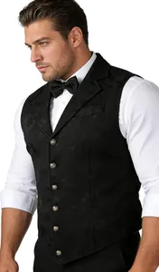 Vue détaillée du gilet jacquard noir pour hommes avec des boutons argentés ornés