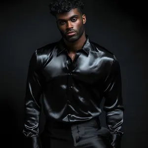 Elegante camisa de satén negro de manga larga para hombre con brillo sedoso y entallada