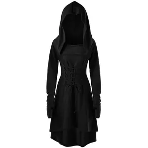 Robe gothique noire à capuche avec manches longues et taille corset à lacets pour femme