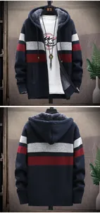 Detailed view of men's navy striped hooded cardigan with thick warm grey fleece lining