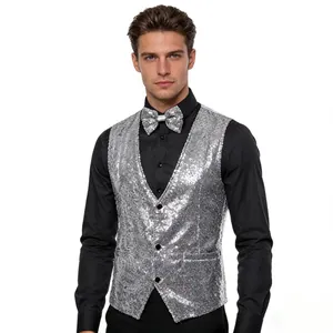 Close-up of silver sequin performance vest and matching bow tie for men stage outfits.
