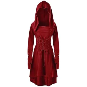 Robe à capuche vintage rouge pour femme avec laçage et un ourlet asymétrique