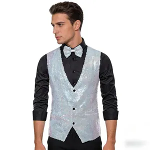 Male model wearing a shimmering white sequined vest and matching bowtie for stage performance