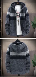 Front and back detail view of men's hooded striped cardigan sweater with fleece lining