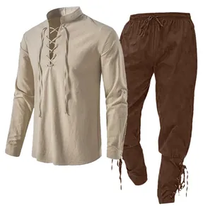 Herren 2-teiliges Set aus Baumwolle und Leinen mit Schnürhemd und einer Kordelzug-Hose