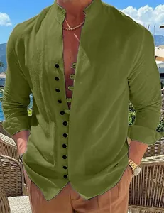 Detailed close-up of olive green cotton linen men's casual shirt featuring decorative buttons