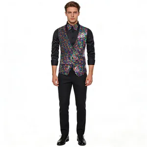 Full view of men's sparkling colorful sequin vest and matching bow tie for stage