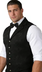 Vue détaillée d'un gilet gothique en jacquard noir pour homme avec boutons en métal et revers.