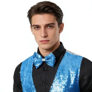 Detailed shot of men's blue sequin stage vest and matching bowtie for performance