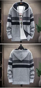 Detailed front and back views of a men's striped hooded cardigan with fleece lining.