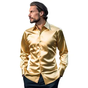 Camisa de satén dorado de lujo para hombre con acabado sedoso para eventos
