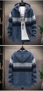 Front and back detail view of a men's warm fleece-lined hooded knit cardigan