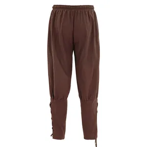 Vista trasera pantalones coloniales medievales marrón con cordones para cosplay