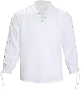 Camicia medievale rinascimentale bianca con dettagli stringati su petto e maniche