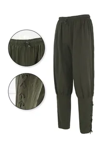 Vista detallada de pantalones de cosplay medieval con cintura elástica y pierna lazada