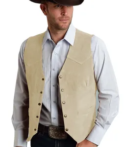 Beige suede men's slim fit vest with classic metal buttons for business casual style