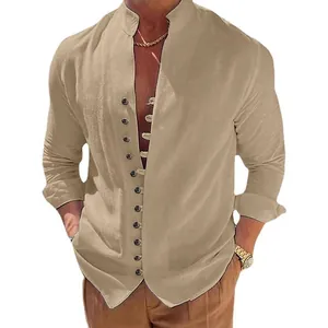 Men's vintage khaki cotton linen casual shirt with stand collar and multiple buttons