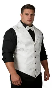 Détail du gilet brocart blanc de style gothique victorien pour hommes.