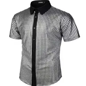 Detail view of men's silver sequin disco party shirt featuring a contrasting black collar