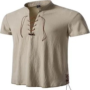 Camicia casual da uomo color beige effetto lino con scollo a lacci e maniche corte.