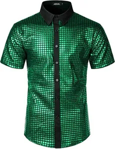 Close-up view of a shiny green sequin men's disco shirt with black collar for 70s theme party.