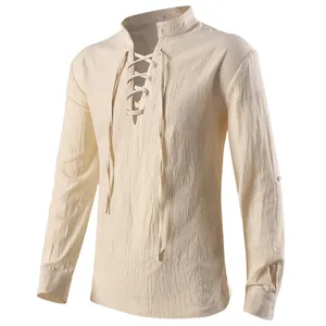 Camisa medieval beige con cordones para hombre, estilo renacentista, manga larga