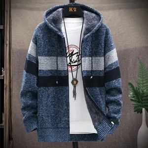 Men's warm fleece-lined hooded knit cardigan with blue and white stripes for winter