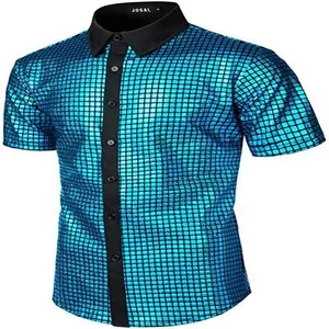Detailed front view of men's blue sequin button down shirt for 70s disco party