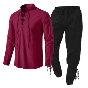 Herren Mittelalter Set mit weinrotem Schnürhemd und schwarzer Hose aus Baumwolle Leinen