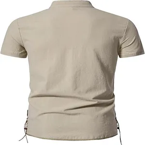 Vista posteriore camicia beige lino manica corta uomo con dettagli stringati